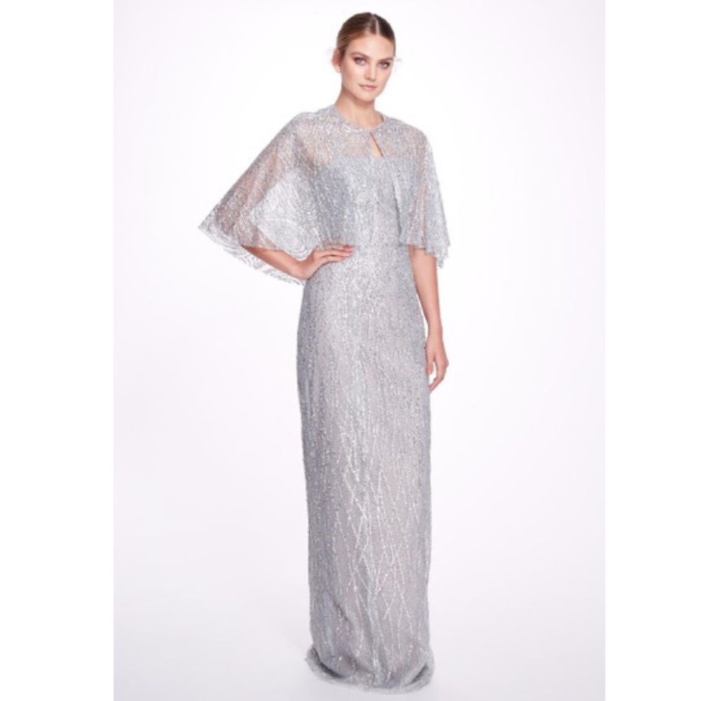 Marchesa Silver Beaded Cape Gown
